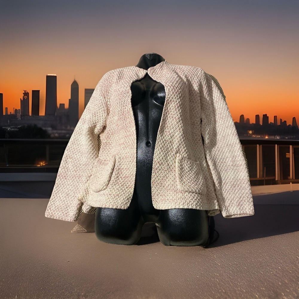 ORVIS Pink Cream Open Front Cardigan Moss Stitch Chunky Knit Pockets Cotton